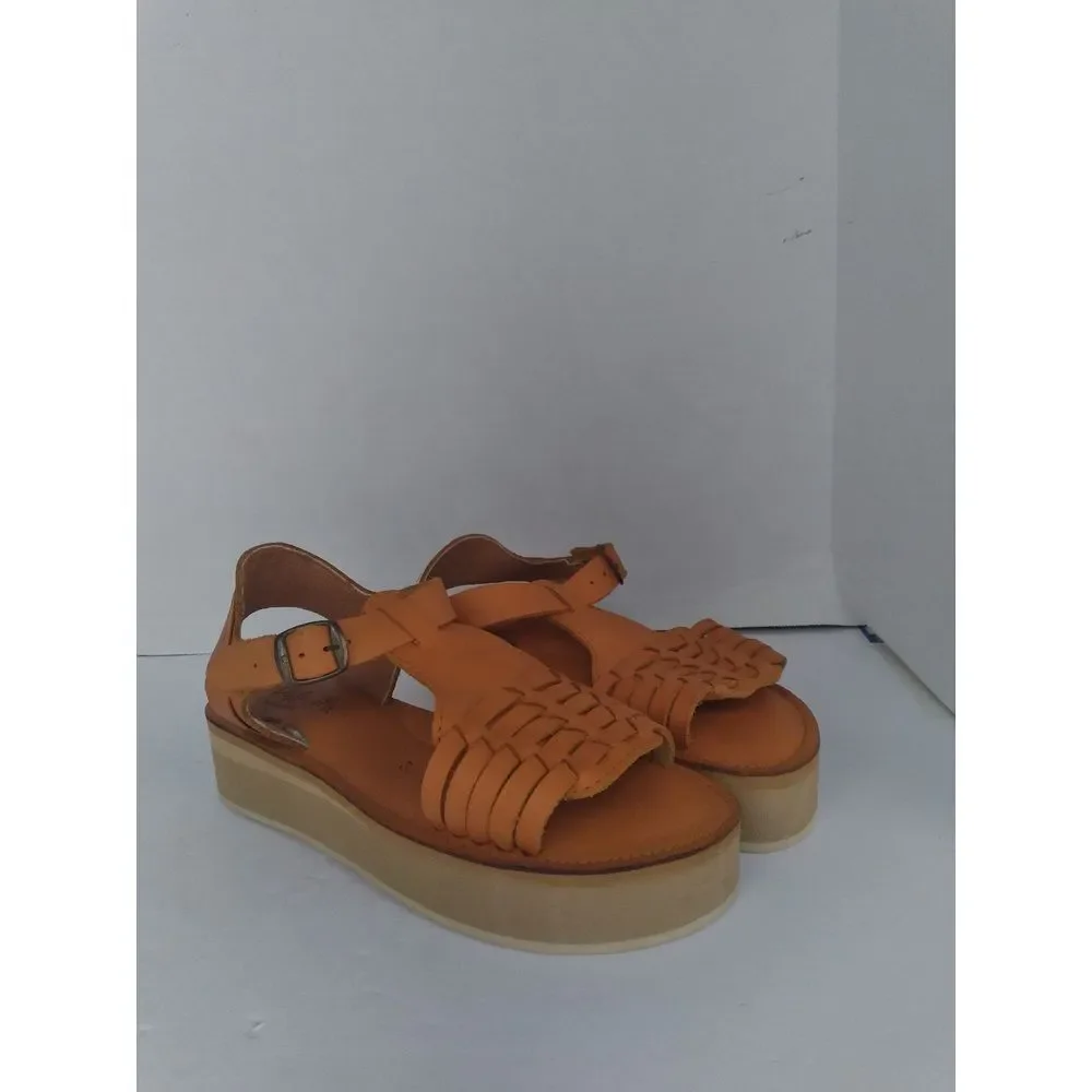 Woven Leather Platform‎ Sandals with Ankle Strap in Tan - Boho Summer Comfort